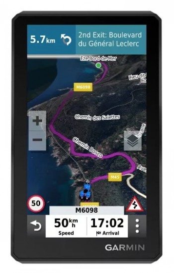 Garmin Zumo XT navigatiesysteem met kaartweergave Garmin Zumo XT-navigatiescherm met kaartweergave, inclusief route en aanwijzingen.