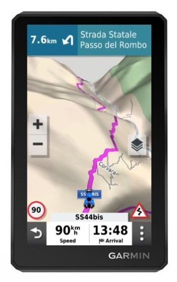 Garmin Zumo XT GPS-navigator met routescherm Garmin Zumo XT GPS-apparaat, routekaart en navigatie-instructies op het scherm, zwarte rand.
