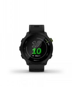 Zwarte Garmin Forerunner 55 smartwatch met rond monitor, groene en witte cijfers op de monitor.