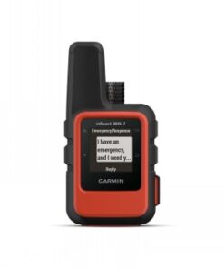Garmin InReach Mini 2 GPS-zender, vuurrood, licht en compact. Vuurrode Garmin InReach Mini 2 GPS-zender, met zwarte details, tekst op het scherm.