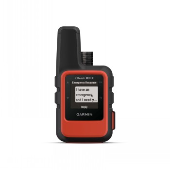 Garmin InReach Mini 2 GPS-zender, vuurrood, licht en compact. Vuurrode Garmin InReach Mini 2 GPS-zender, met zwarte details, tekst op het scherm.