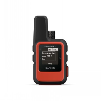 Garmin inReach Mini 2 satellietcommunicatieapparaat, vurig rood Rode Garmin inReach Mini 2-satellietcommunicatieapparaat, klein en draagbaar, van voren afgebeeld.