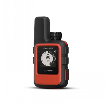 Garmin InReach Mini 2 vuurrode GPS-apparaat Garmin InReach Mini 2 vuurrode GPS-apparaat, compact formaat, van voren gefotografeerd.
