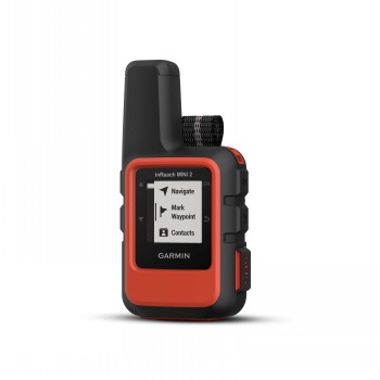 Garmin InReach Mini 2 GPS-apparaat - Vurig rood en compact design Rode en zwarte Garmin InReach Mini 2 GPS-apparaat schuin van voren. Menu zichtbaar op het scherm.