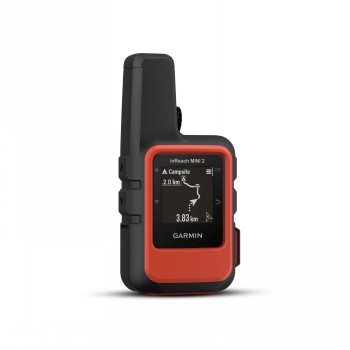 Garmin InReach Mini 2 satellietberichtgever, rood model Rode Garmin InReach Mini 2-satellietberichtgever met een zwarte behuizing, van voren gezien.