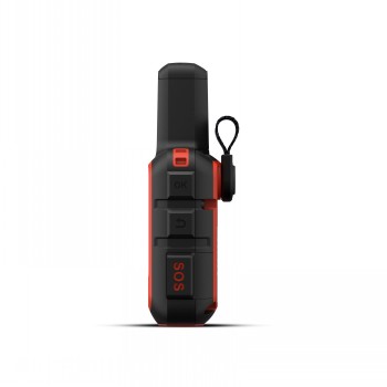 Garmin InReach Mini 2 GPS-zender, zijaanzicht in vuurrood. Rode Garmin InReach Mini 2 GPS-zender met SOS-knop, zijaanzicht.
