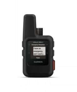 Zwart model van de Garmin InReach Mini 2-satellietcommunicator Zwarte Garmin InReach Mini 2-satellietcommunicator, van voren gefotografeerd, SOS-scherm geactiveerd.