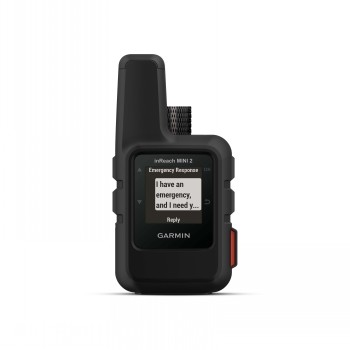 Zwart model van de Garmin InReach Mini 2-satellietcommunicator Zwarte Garmin InReach Mini 2-satellietcommunicator, van voren gefotografeerd, SOS-scherm geactiveerd.