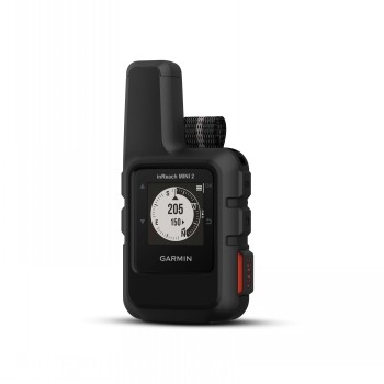 Zwarte Garmin InReach Mini 2-satellietcommunicator, compact en lichtgewicht model... Zwarte Garmin InReach Mini 2-satellietcommunicator, een compact apparaat met een wit scherm met navigatiegegevens.