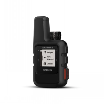 Garmin InReach Mini 2-satellietcommunicator van voren, zwart model Kleine zwarte Garmin InReach Mini 2-satellietcommunicator van voren gefotografeerd. Tekst op het scherm en knoppen aan de zijkanten.