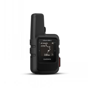 Garmin InReach Mini 2 GPS-apparaat in zwart - compact en licht model Zwarte Garmin InReach Mini 2 GPS-apparaat, rechtopstaand, met scherm aan en witte achtergrond.