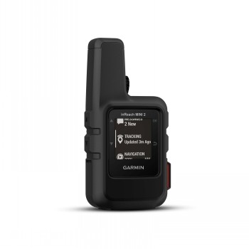 Garmin inReach Mini 2 -satellietcommunicatieapparaat, zwart model. Zwarte Garmin inReach Mini 2 -satellietcommunicatieapparaat, portretweergave van voren, tekst op het scherm.