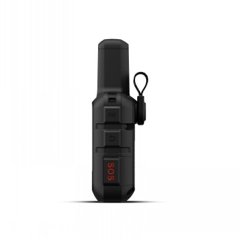 Achteraanzicht van de Garmin InReach Mini 2 satellietcommunicator, zwarte kleur. Zwarte Garmin InReach Mini 2 satellietcommunicator van achteren bekeken, SOS-knop zichtbaar.