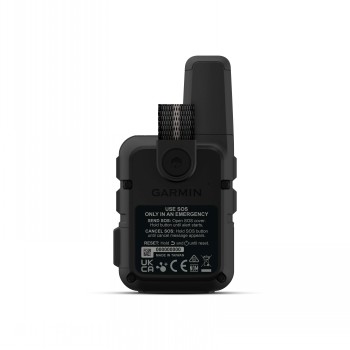 Garmin InReach Mini 2 zwart - compact GPS-apparaat van achteren gezien De achterkant van het zwarte Garmin InReach Mini 2-apparaat met opdrukken en antenne.