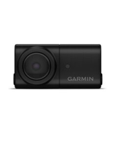 Zwarte draadloze achteruitrijcamera met een heldere lens en Garmin-logo aan de voorkant.