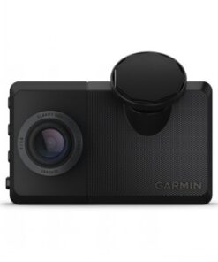 Zwarte Garmin Dash Cam Live LTE-autocamera met grote lens en afgeronde houder.