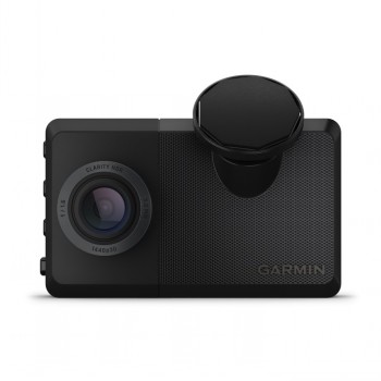 Zwarte Garmin Dash Cam Live LTE-autocamera met grote lens en afgeronde houder.