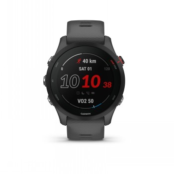 Grijze Garmin Forerunner 255 smartwach, rond scherm met hardloopfuncties in beeld.