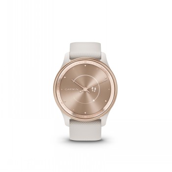 Garmin Vivomove Trend smartwatch, ivoorkleurige band en perzikkleurige wijzerplaat Garmin Vivomove Trend smartwatch met ivoorkleurige band en perzikkleurige wijzerplaat, van voren afgebeeld.