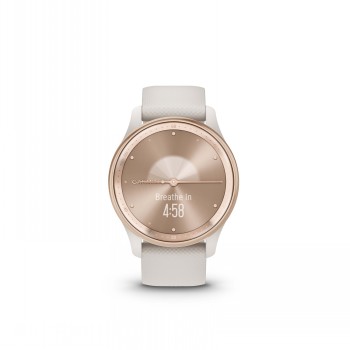 Garmin Vivomove Trend Ivory Peach - stijlvolle slimme horloge met witte polsband. Licht perzikkekleurige slimme horloge, witte polsband, minimalistisch en stijlvol rond ontwerp.