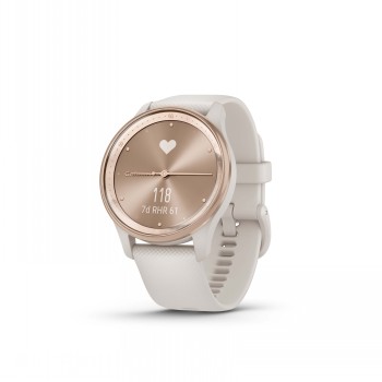 GARMIN Vivomove Trend -smartwatch, in ivoor en perzikkleuren. Een roestvrijstalen smartwatch met een ivoorwit siliconen bandje en een perzikkleurige wijzerplaat,...