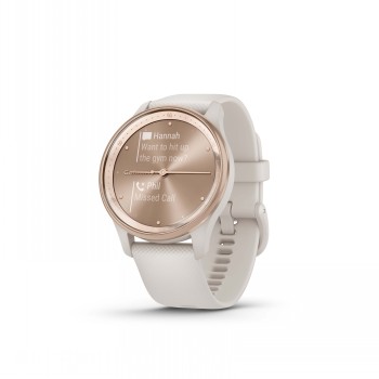 GARMIN Vivomove Trend smartwatch, stijlvol goudkleurig en licht design. Lichtkleurig polshorloge met een gouden ronde wijzerplaat en een scherm met slimme functies.
