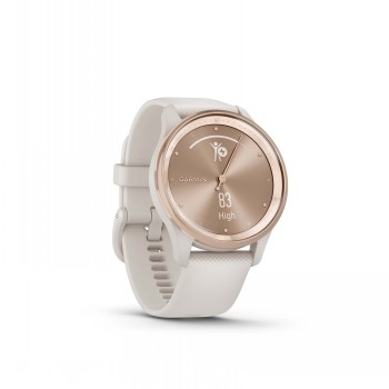 Garmin Vivomove Trend smartwatch met perzikkleurige wijzerplaat Een elegante smartwatch met een perzikkleurige wijzerplaat en een lichte band, gefotografeerd tegen een witte achtergrond.