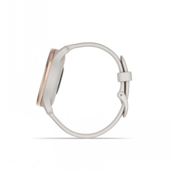 Garmin Vivomove Trend smartwatch, ivory-peach kleur, zijaanzicht Ivory-peach gekleurde Garmin Vivomove Trend smartwatch gezien vanaf de zijkant, dunne behuizing en minimalistisch ontwerp.