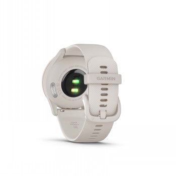 Garmin Vivomove Trend smartwatch in ivoor perzik kleur Licht perzikkleurige Garmin Vivomove Trend smartwatch, achterkant, groene sensorlichten.