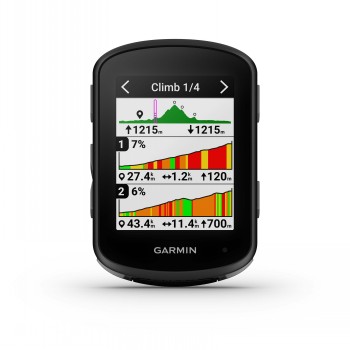 Vooraanzicht van de zwart-witte Garmin Edge 540 fietscomputer met een kleurenscherm dat hoogtegegevens en een route weergeeft.