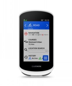 Garmin Edge Explore 2 fietscomputer, modern en intuïtief menu. Garmin Edge Explore 2-fietscomputer, zwart-wit frame, kleurenscherm, vooraanzicht.