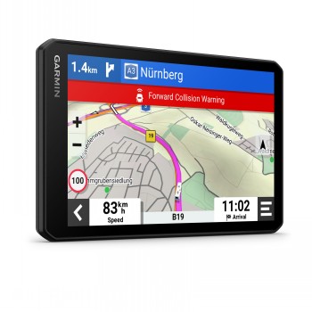 Garmin Camper 795 EU-navigator met kaartscherm voor reizen. Garmin Camper 795 EU-navigator met een kaartweergave, inclusief route en snelheidsdisplay.