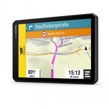 Garmin Camper 795 EU-navigatiesysteem met duidelijke kaartweergave Garmin Camper 795 EU-navigatiesysteem met kleurrijke kaartweergave en rijinstructies.