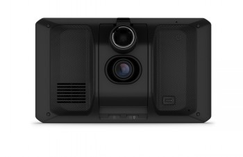Garmin Camper 795 EU GPS-apparaat, achteraanzicht in zwart Garmin Camper 795 EU GPS-apparaat, zwarte rechthoek achteraanzicht, twee luidsprekers en cameramodules.