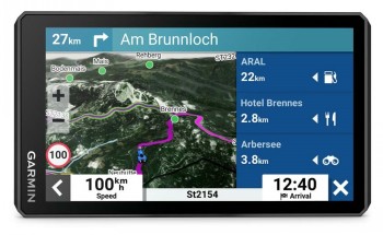 Garmin Zumo XT2-navigatie met gedetailleerd kaartscherm Garmin Zumo XT2-navigatie met kaartweergave, blauwe route en gedetailleerde bestemmingsinformatie.