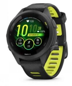 Garmin Forerunner 265S smartwatch zwart-geel, veelzijdige prestaties Zwarte Garmin Forerunner 265S-smartwatch, felgele siliconen band, rond scherm, groene interface.