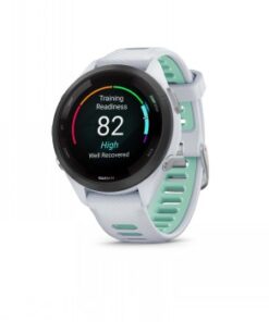 Garmin Forerunner 265S smartwatch, stijlvol lichtgrijs en watergroen model. Lichte smartwatch, zwarte rand, lichtgrijze behuizing en lichtgrijze/watergroene siliconen band, digitaal scherm.