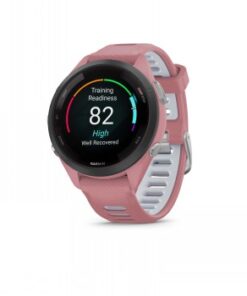 Garmin Forerunner 265S-smartwatch, zwarte rand, roze horlogekast en siliconen band, met een witte achtergrond.