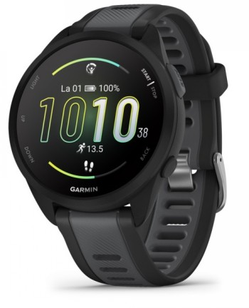 Garmin Forerunner 165-smartwatch, zwart/grijs Zwarte Garmin Forerunner 165-smartwatch met een rond scherm en grijze details.