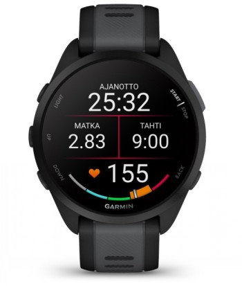 Garmin Forerunner 165 slimme horloge, zwart/slate gray kleur Slimme horloge, zwarte band en rond scherm met gegevensvelden tijd, afstand, tempo en hartslag.