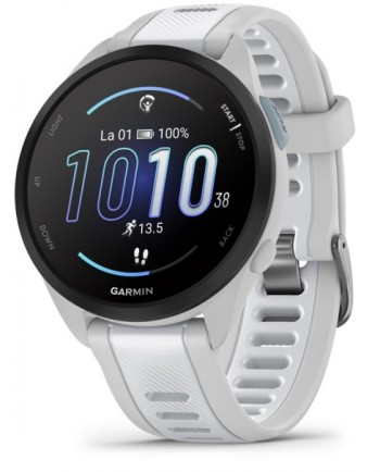 Garmin Forerunner 165 smartwatch, Mist Gray/Whitestone Lichtgrijze Garmin Forerunner 165 smartwatch met ronde monitor en siliconen bandje.