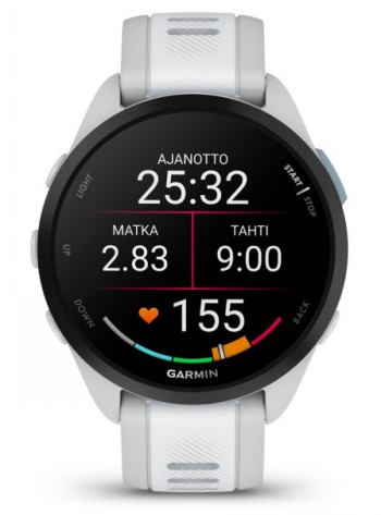 Garmin Forerunner 165 sporthorloge van voren, in de kleuren grijs en wit. Grijze en witte Garmin Forerunner 165 sporthorloge, die tijd, afstand, tempo en hartslag toont vanuit vooraanzicht.