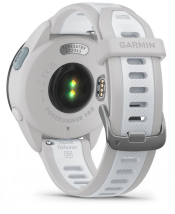 Garmin Forerunner 165-sporthorloge, grijze polsband Grijze Garmin Forerunner 165-sporthorloge, sensoren aan de achterkant voor hartslagmeting, siliconen polsband.