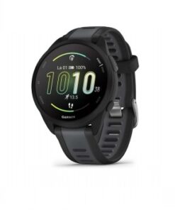 Ronde zwarte Garmin Forerunner 165 Music-smartwatch met een kleurenscherm en grijze details.