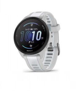 Garmin Forerunner 165 Music-smartwatch, mistgrijs/lichtgrijs Mistgrijze en lichtgrijze Garmin Forerunner 165 Music-smartwatch, rond ontwerp, met een glanzend scherm.