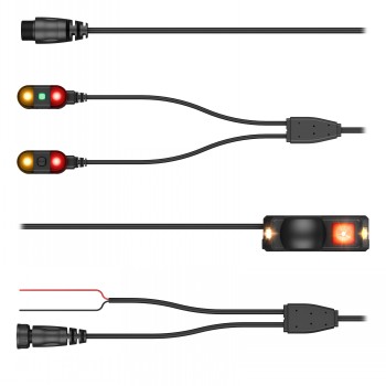 Fietsradar en achterlicht met zwarte kabel, met LED-statuslampjes in rood en groen.