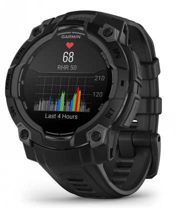 Zwarte Garmin Instinct 3 smartwatch, ronde AMOLED-monitor met activiteitsgrafiek en hartslaggegevens, schuin van links bekeken...
