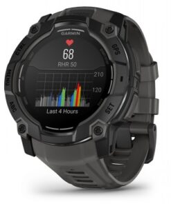 Garmin Instinct 3 smartwatch, zwarte bezel, grijze band, AMOLED-monitor met hartslaggegevens.