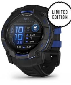 Zwarte Garmin Instinct 3 smartwatch, 50mm, AMOLED-monitor en blauwe details, van voren gefotografeerd.