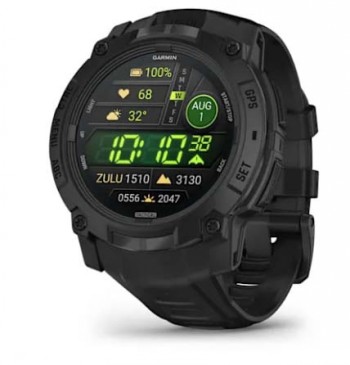 Zwarte Garmin Instinct 3 smartwatch, ronde AMOLED-monitor, weer- en tijd-widgets.